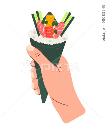 Temaki sushi roll in hand. Japanese cuisine. 98083549