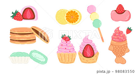 Set of different asian sweets: daifuku, dango, taiyaki, dorayaki, mochi. 98083550