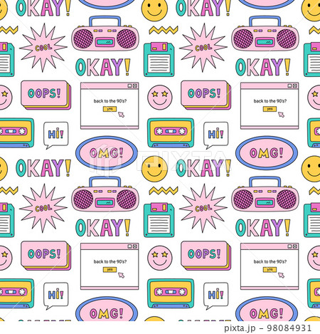Bright seamless pattern with items from the nineties - retro cassette tape and music boombox, floppy disk, smile, speech bubbles and stars on white background. Nostalgia for the 1990s. Funny print. 98084931