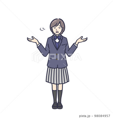 お手上げのジェスチャーをする 制服姿の女子学生 全身イラスト お手上げのジェスチャーをする 制服姿の女子学生 全身イラスト 98084957