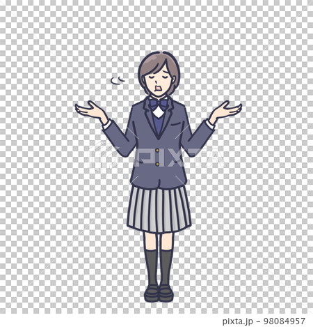 お手上げのジェスチャーをする 制服姿の女子学生 全身イラスト お手上げのジェスチャーをする 制服姿の女子学生 全身イラスト 98084957