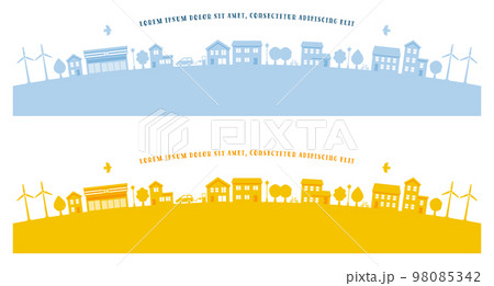街並みシルエットのイラスト、サステナブルイメージ（ブルー＆オレンジ） 98085342