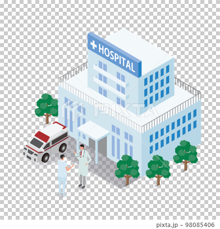 アイソメトリック_病院の前で話す男性医師と男性看護師 アイソメトリック_病院の前で話す男性医師と男性看護師 98085406