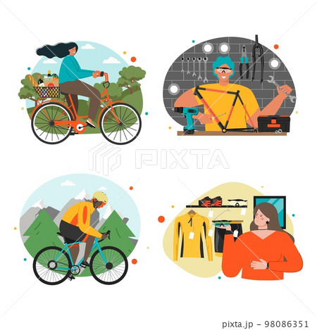 People biking, shopping and repair activity set People biking, shopping and repair activity set 98086351