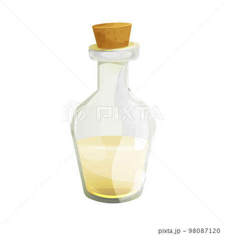 Vinegar in glass bottle with cork in cartoon style isolated on white background. Apple, wine liquid, dressing. 98087120