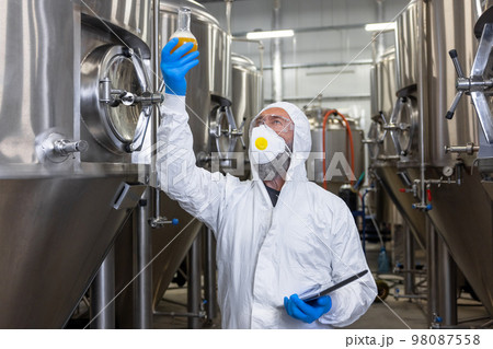 Brewer performing a visual quality control of fresh beer 98087558