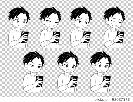 操作智能手機的男人的面部表情集（黑白） 98087578