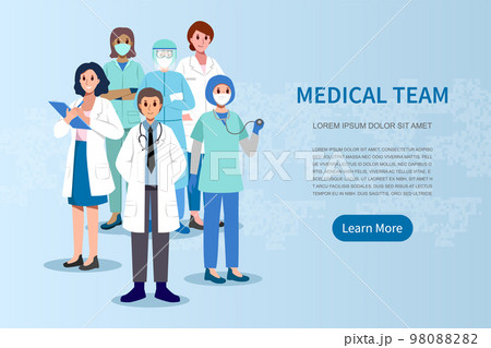 Medical Team . Doctor surgeon nurse assistant and PPE coat . Cartoon characters . Vector . Medical Team . Doctor surgeon nurse assistant and PPE coat . Cartoon characters . Vector . 98088282
