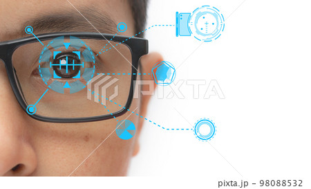 Man wearing eyeglasses with virtual screen future technology. Man wearing eyeglasses with virtual screen future technology. 98088532