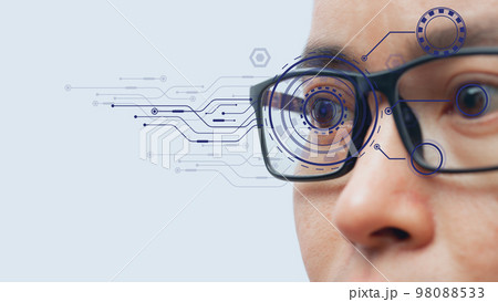 Man wearing eyeglasses with virtual screen future technology. Man wearing eyeglasses with virtual screen future technology. 98088533