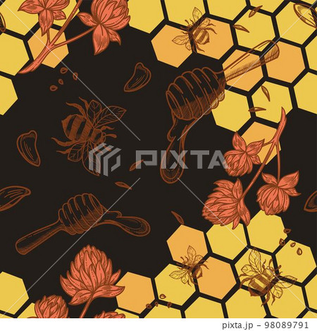 Beekeeping and producing honey, seamless pattern 98089791