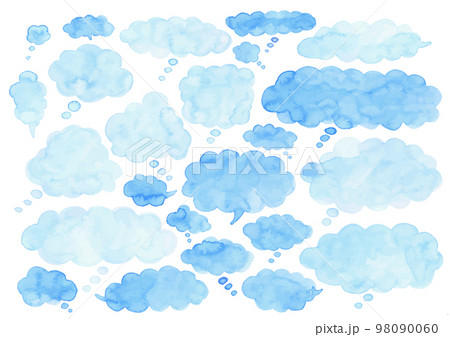 青色のふわふわとした雲型の吹き出し水彩素材 98090060