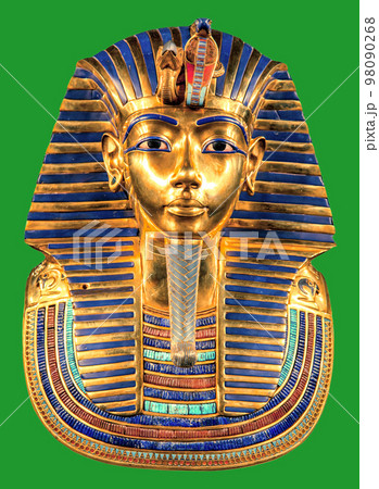 Egyptian pharaoh Tutankhamun's burial mask on green background 98090268