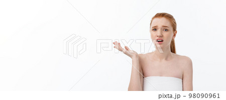 Portrait sad serious young woman with disappointed facial expression.. isolated on white background, looking at camera 98090961