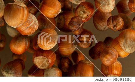 Freeze Motion Shot of Flying Whole Hazelnuts, Close-up 98091186