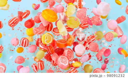 Sweet candies flying, freeze motion Sweet candies flying, freeze motion 98091232