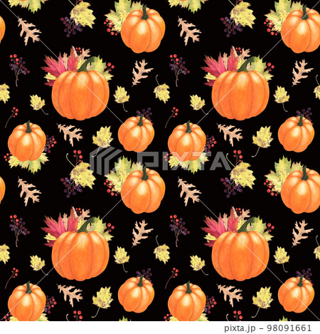 Autumn leaf, berries, pumpkins seamless pattern isolated on dark. Watercolor hand drawn illustration. Art for design 98091661