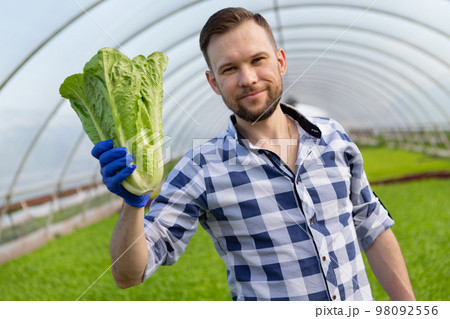 A man working in a greenhouse holds a salad in his hand, smiling, close-up 98092556