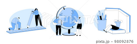 Set Education, Knowledge Concept. Tiny Characters With Huge School Stationery. College Students Vector Illustration Set Education, Knowledge Concept. Tiny Characters With Huge School Stationery. College Students Vector Illustration 98092876
