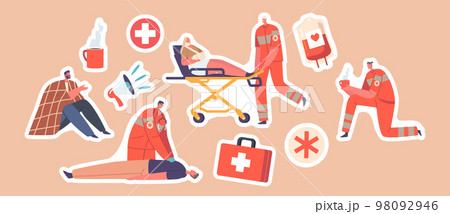 Set of Stickers Rescuers First Aid to Victims during Catastrophe or Accident. Medic Push Injured Person on Medical Bed Set of Stickers Rescuers First Aid to Victims during Catastrophe or Accident. Medic Push Injured Person on Medical Bed 98092946