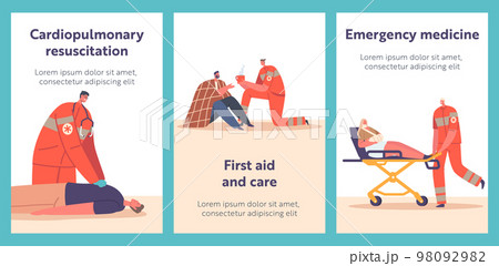 Rescuers First Aid to Victims Cartoon Banners, Medics Pushing Person with Broken Hand on Stretchers, Emergency Doctor 98092982
