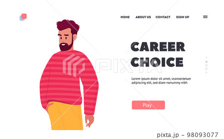 Career Choice Landing Page Template. Stylish Man Stand in Confident Posture. Male Character Wear Casual Clothes Career Choice Landing Page Template. Stylish Man Stand in Confident Posture. Male Character Wear Casual Clothes 98093077