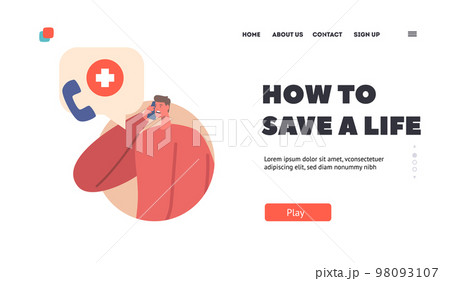 How to Save Life Landing Page Template. Male Character Call to Emergency Service. Man with Worried Face Calling by Phone 98093107