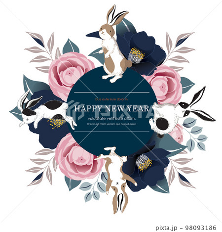 Vector illustration of rabbits with floral bouquet. Design for social media, party invitation, Frame Clip Art and Business Advertisement 98093186
