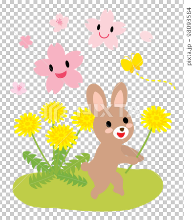 Cute rabbit with dandelions and cherry blossoms 98093584