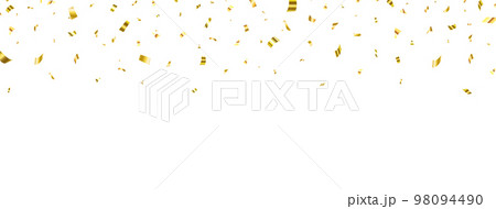 Gold confetti long border. Falling shiny confetti frame. Holiday design elements. Anniversary celebration banner. Bright golden festive tinsel. Birthday party background. Vector illustration 98094490