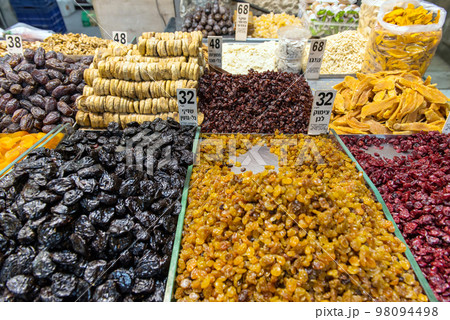 Dried fruits in market, Jerusalem, Israel 98094498