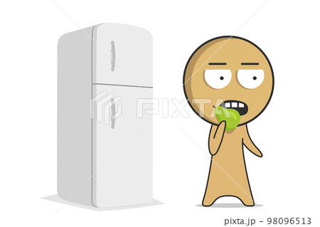Man in the kitchen with an apple next to the fridge  98096513