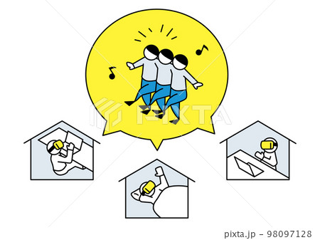 遠くにいながら、VRゴーグルをつけて遊ぶ3人 遠くにいながら、VRゴーグルをつけて遊ぶ3人 98097128