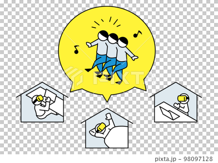 遠くにいながら、VRゴーグルをつけて遊ぶ3人 遠くにいながら、VRゴーグルをつけて遊ぶ3人 98097128