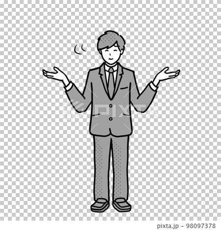 お手上げのジェスチャーをする 制服姿の男子学生 全身イラスト モノクロ お手上げのジェスチャーをする 制服姿の男子学生 全身イラスト モノクロ 98097378