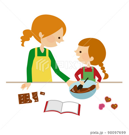 バレンタインデー　手作りチョコを作る親子のイラスト 98097699