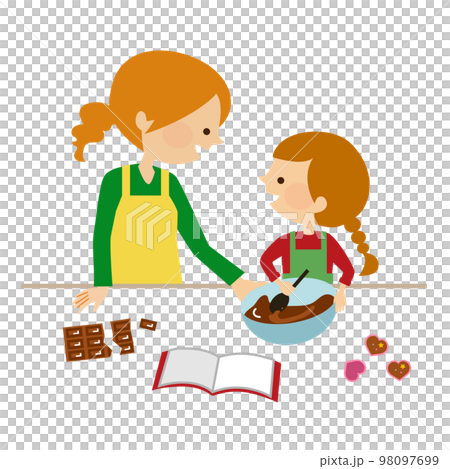 バレンタインデー　手作りチョコを作る親子のイラスト 98097699