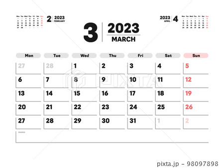 2023年3月のカレンダー - 月曜始まりの月めくりカレンダー - 3ヶ月分・祝日表記なし・A版比率 2023年3月のカレンダー - 月曜始まりの月めくりカレンダー - 3ヶ月分・祝日表記なし・A版比率 98097898