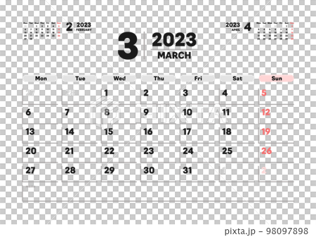 2023年3月のカレンダー - 月曜始まりの月めくりカレンダー - 3ヶ月分・祝日表記なし・A版比率 2023年3月のカレンダー - 月曜始まりの月めくりカレンダー - 3ヶ月分・祝日表記なし・A版比率 98097898