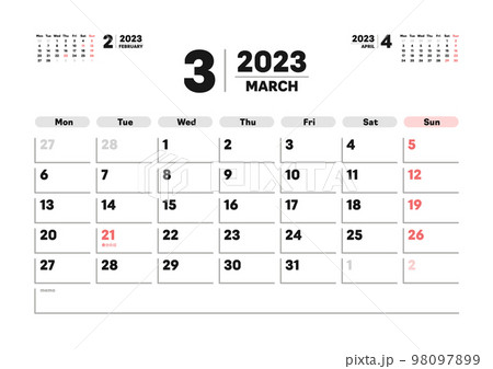 2023年3月のカレンダー - 日本の祝日入り月曜始まりの月めくりカレンダー - 3ヶ月分･A版比率 98097899