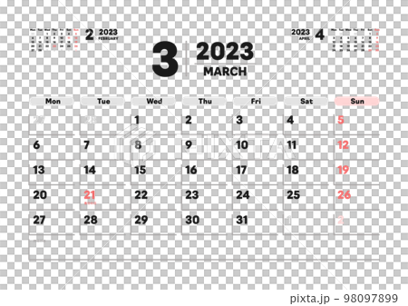 2023年3月のカレンダー - 日本の祝日入り月曜始まりの月めくりカレンダー - 3ヶ月分･A版比率 98097899