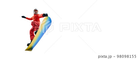 Portrait of active man, snowboarder in uniform riding on snowboard isolated over white studio background. Banner, flyer. Concept of winter sport, action, motion 98098155