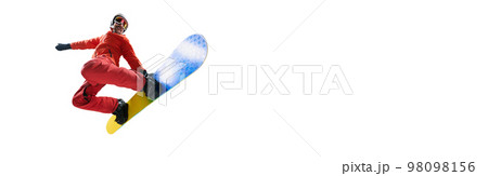 Portrait of active man, snowboarder in uniform riding on snowboard isolated over white studio background. Jump. Banner, flyer. Concept of winter sport, action, motion 98098156