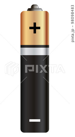 Battery. Glossy gold and black realistic alkaline or rechargeable battery. Design blank mockup template for branding. Vector graphic element, isolated on white Battery. Glossy gold and black realistic alkaline or rechargeable battery. Design blank mockup template for branding. Vector graphic element, isolated on white 98098483