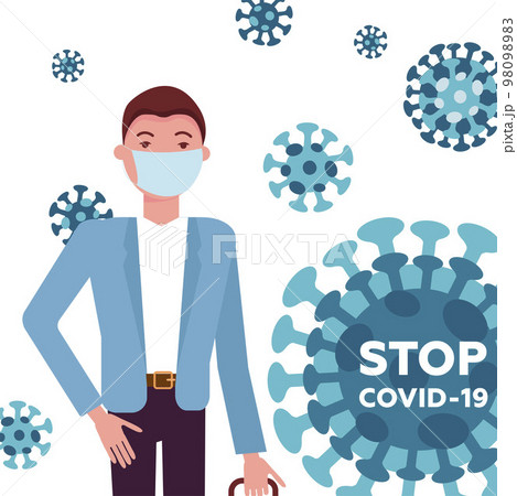 MERS-Cov, COVID-19, Novel coronavirus, 2019-nCoV, handsome man in suit with blue medical face mask with virus abstract model around him. Stop Covid-19 text concept. Flat vector illustration. MERS-Cov, COVID-19, Novel coronavirus, 2019-nCoV, handsome man in suit with blue medical face mask with virus abstract model around him. Stop Covid-19 text concept. Flat vector illustration. 98098983
