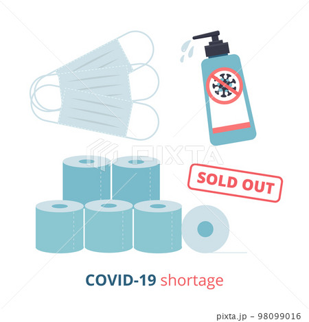 Shortage Phenomenon due to Covid19 Outbreak. Coronavirus Pandemic and Shocked Upset. Set of Facial Mask, Sanitizer gel and toilet paper Sold out. Lack of essentials. Vector flat illustration. 98099016