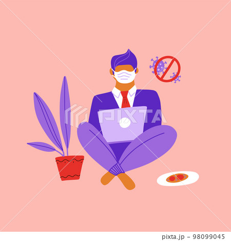 Businessman sitting on the floor and working with laptop in social networks. Work from home in COVID-19 virus outbreak, social distancing company allow employee work at home to prevent virus infection Businessman sitting on the floor and working with laptop in social networks. Work from home in COVID-19 virus outbreak, social distancing company allow employee work at home to prevent virus infection 98099045
