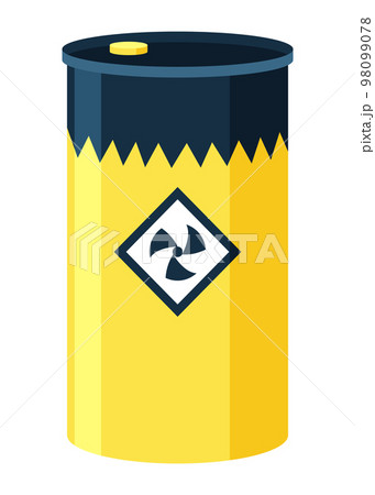 Toxic chemical barrel. Steel tank with dangerous waste. Container with attention icon in flat style. Dangerous substance. Storage of components 98099078