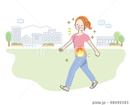 公園でウォーキングダイエットをする若い女性のイメージイラスト 98099383