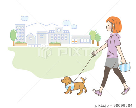 公園で犬の散歩をしている若い女性のイラスト 98099384